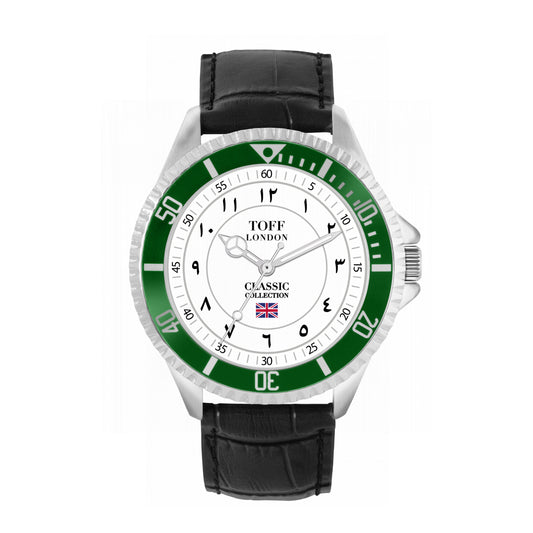 Toff London 42mm Arabic Numbers Watch - Silver Case & Black Leather Strap
