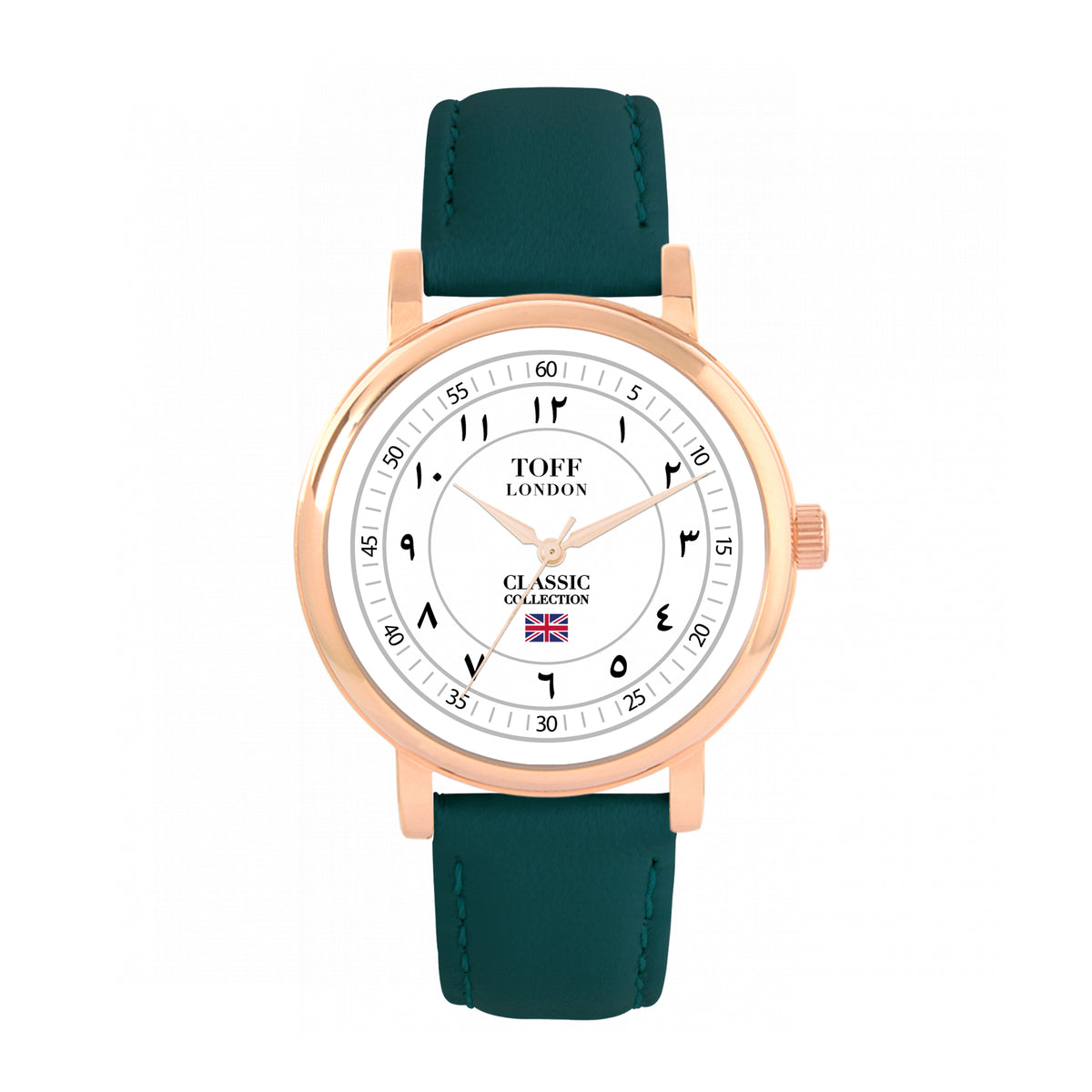 Toff London 38mm Arabic Numbers Watch - Rose Gold Case & Green Leather Strap