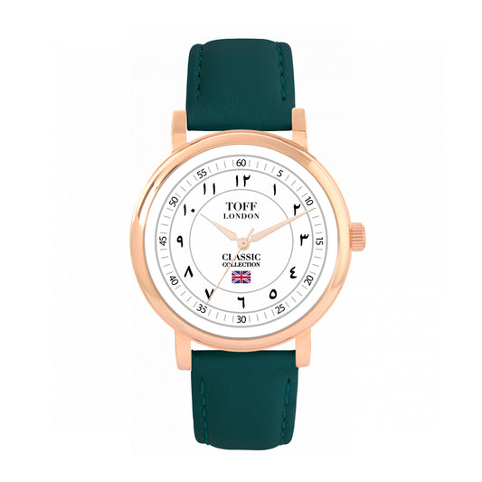 Toff London 38mm Arabic Numbers Watch - Rose Gold Case & Green Leather Strap